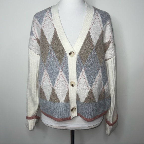 Rachel Zoe Sweaters - Rachel Zoe Academia Argyle Preppy Cardigan Sweater Size S Neutral Long Sleeve